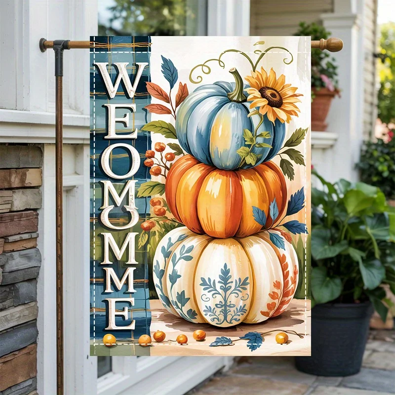 

Осенний плоский садовый флаг с тыквенным узором, двусторонний, моющийся – без электричества, для улицы, для газона, веранды, сада, без стойки