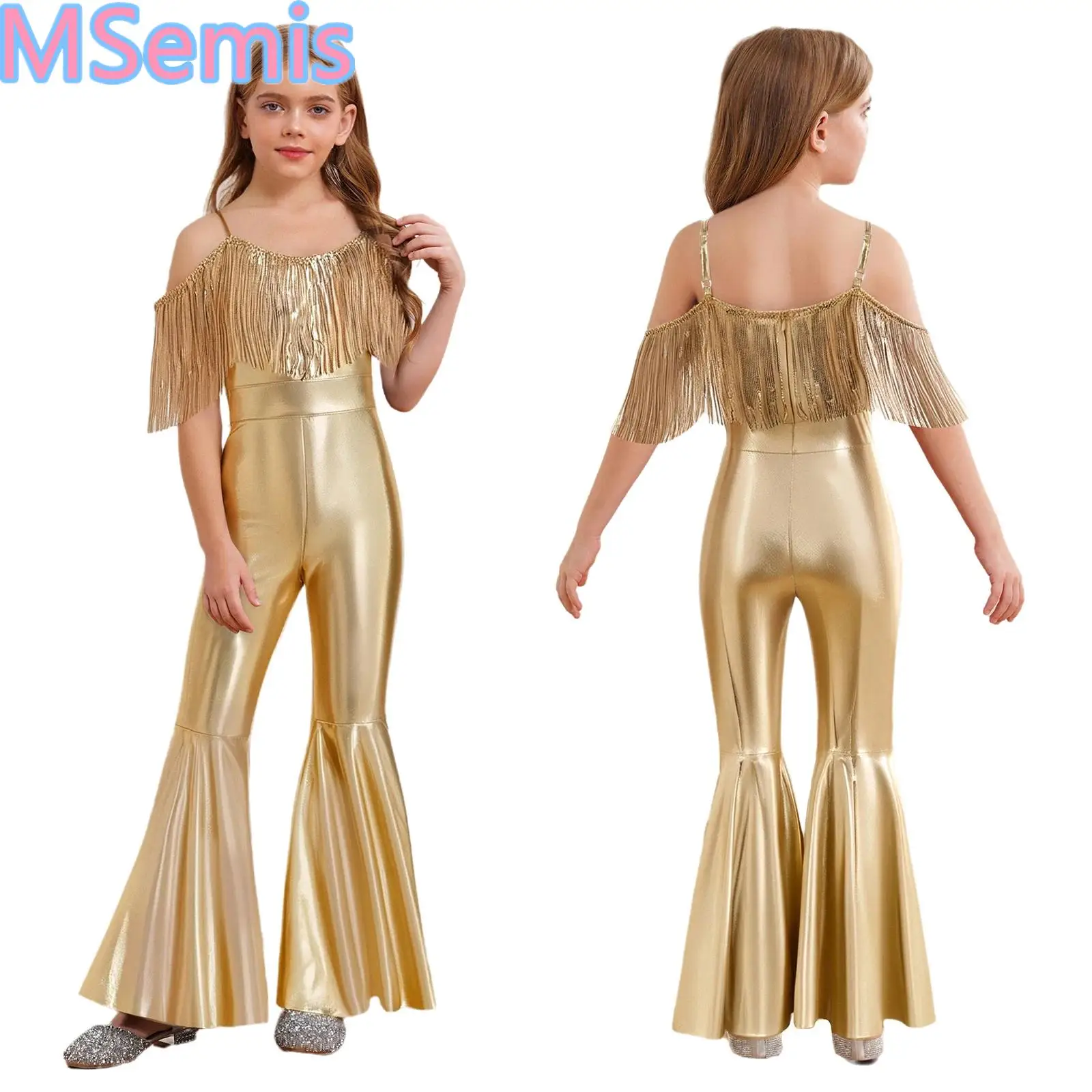 

Girls Shiny Sequin Jumpsuit Spaghetti Strap Sleeveless Tassels High Waist Metallic Bell Bottom Bodysuit Banquet Pageant Gowns