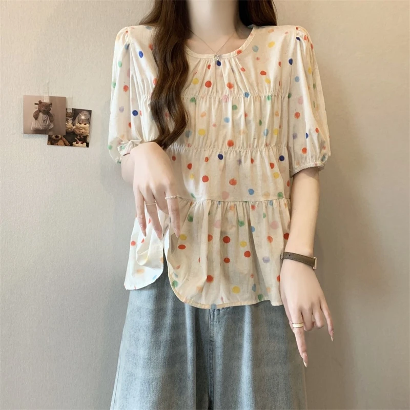 Dames Koreaanse Modekleurige Bolletjesprint Zoete Blouses 2024 Zomer Casual Kawaii Korte Mouw Shirts Chic Ronde Hals Losse Tops