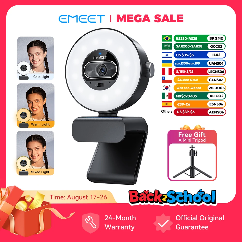 4K Webcam Light Control 1080P 60fps Autofocus Video Camera EMEET S600 Light USB Camera 8MP Streaming Web Camera for PC/Computer