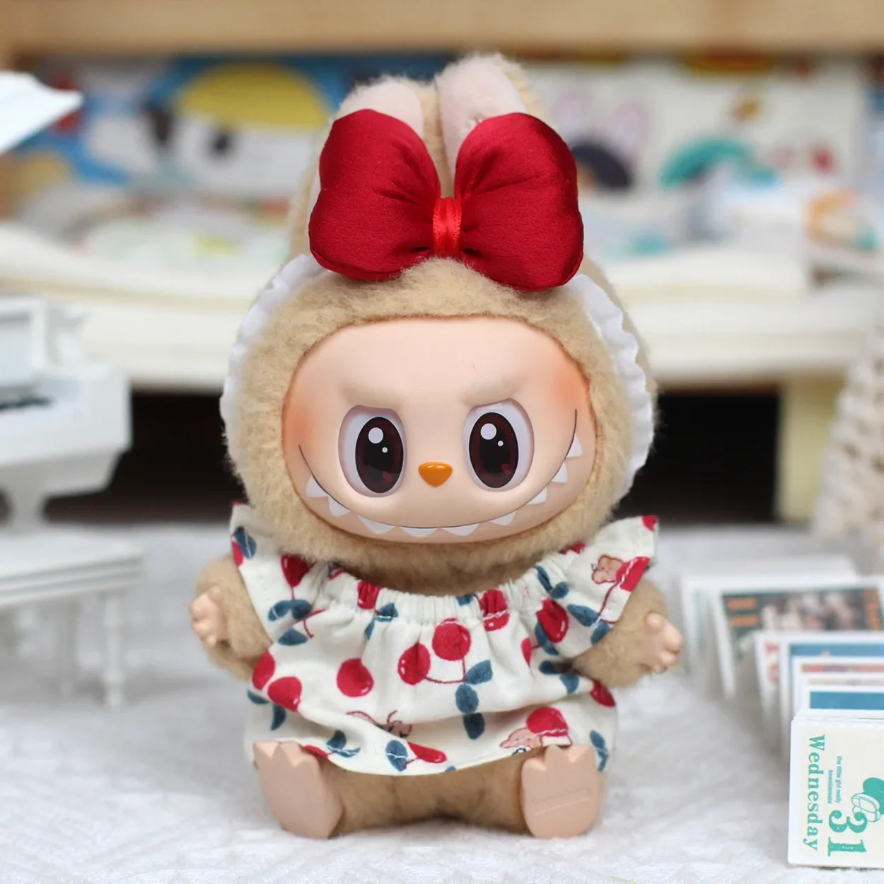 17 cm Labubu-Puppe, modisches Anzieh-Set, Jeansrock und Schleife, Ropa Labubu-Kleidungszubehör, V2/V1/V3, DIY Mini-Puppen-Outfits