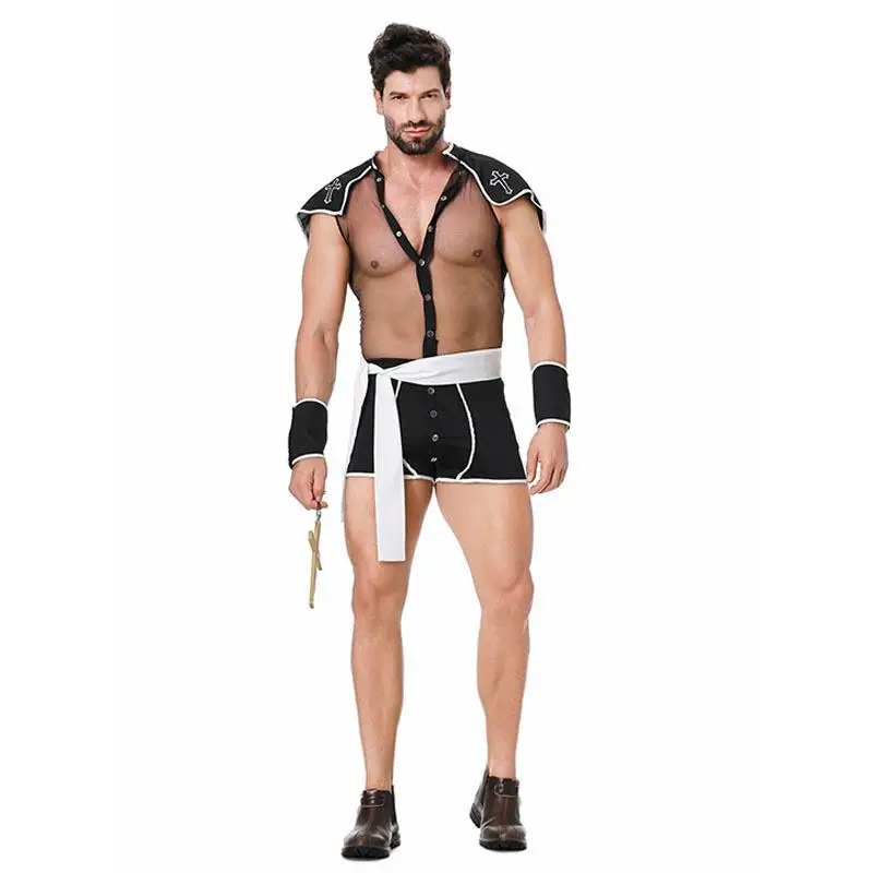 New European and American Men's Adult Sexy Mesh One Piece Pastor Role-playing Suit