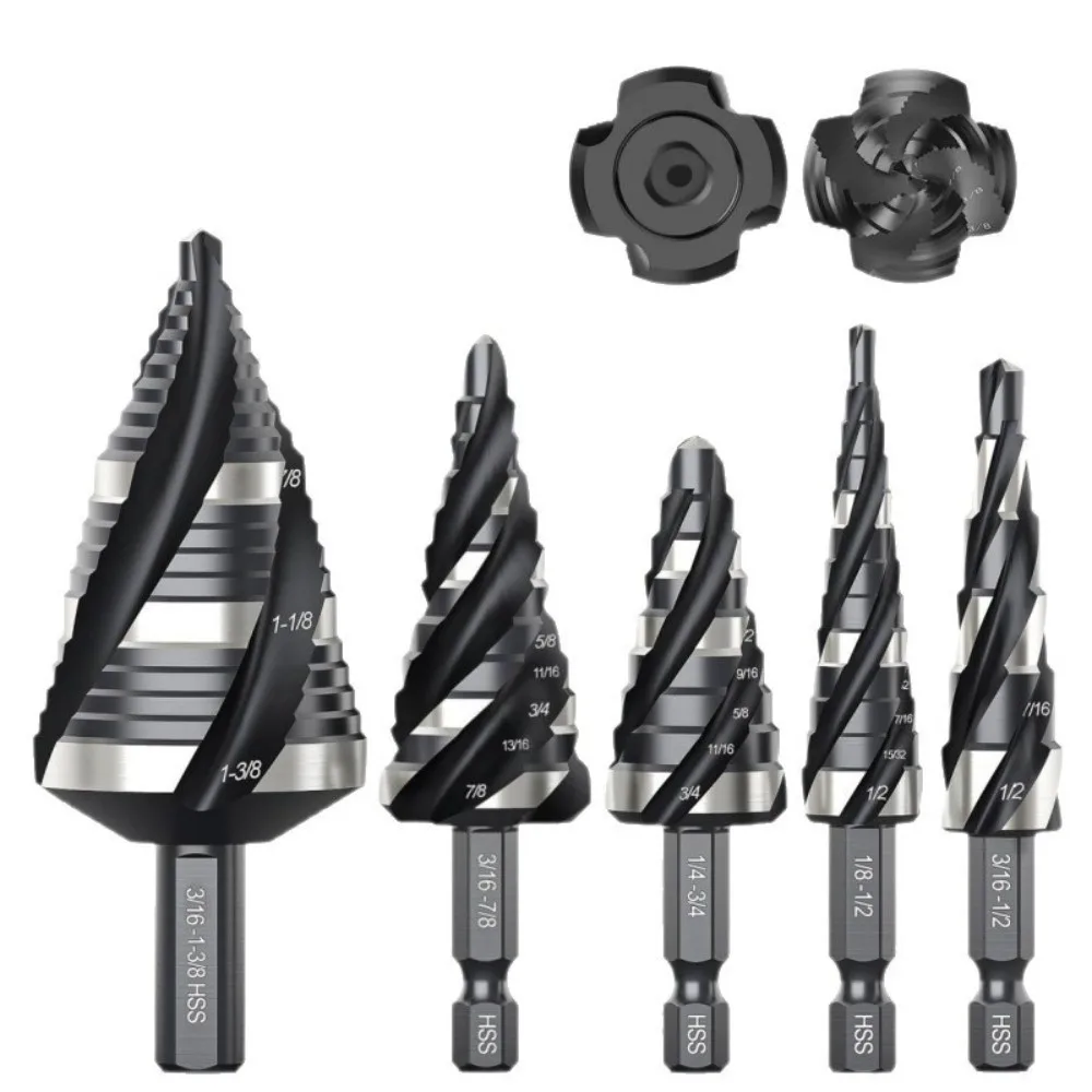 

Spiral Groove Step Drill Bit Four Spiral Flute with 1/4" Hex Shank Punch Holes Drill Bit Wear-Resistant Faster Drilling