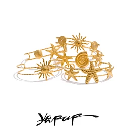 Yhpup Ocean Series Golden PVD Starfish Shell Sun Cuff Bracelet Open Wrist Jewelry Stainless Steel Bangle for Summer Holiday