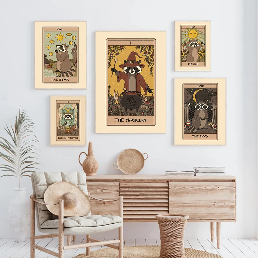 Retro Animal Tarot Fool Raccoon Poster Print Hierophant Raccoon Canvas Painting Room Home Decor Judgement Card Vintage Wall Art