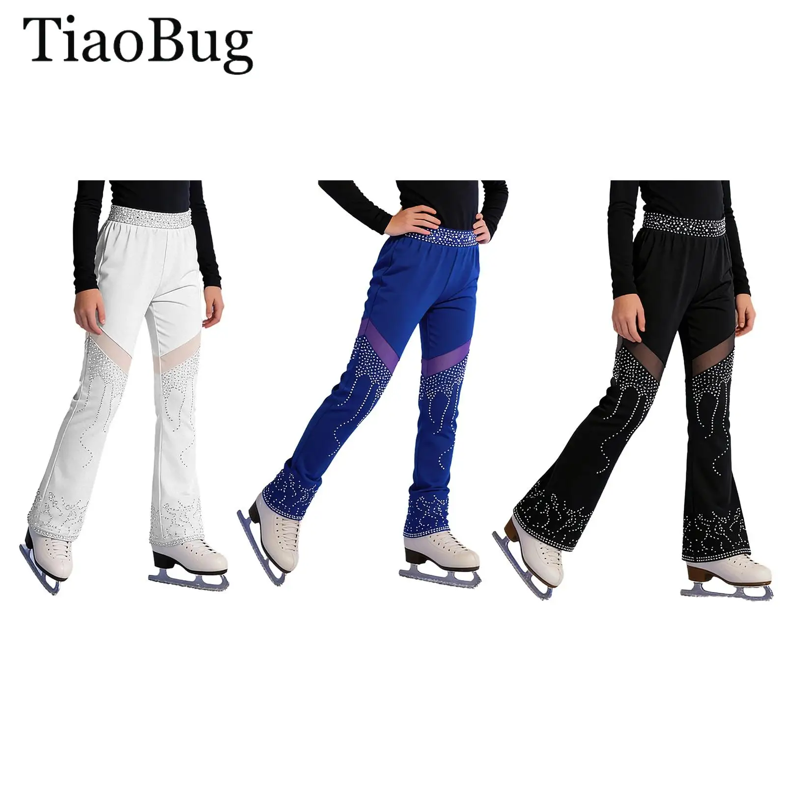 

Kids Girls Figure Skating Pants Elastic Waistband Mesh Warm Fleece Leggings Rhinestones Gymnastics Practice Performance Trousers