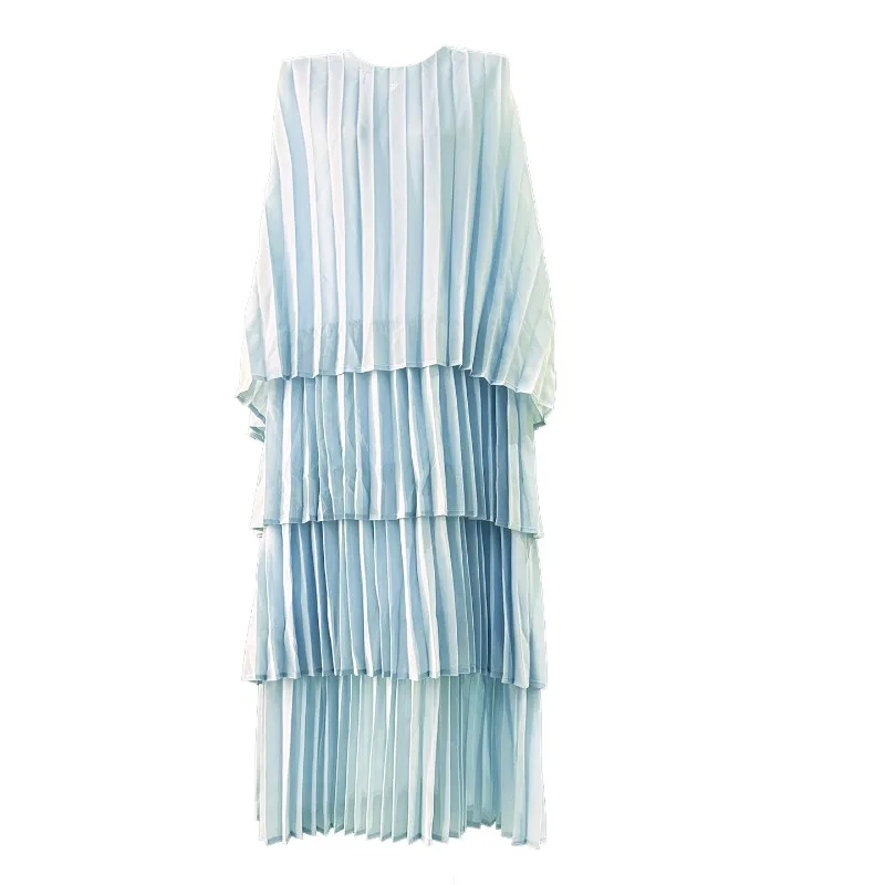 مياكي مطوي كبار الشعور من الجولة الرقبة كعكة تنورة فستان 2025 صيف جديد بسيط غطاء اللحوم رقيقة بلا أكمام فستان متوسط الطول