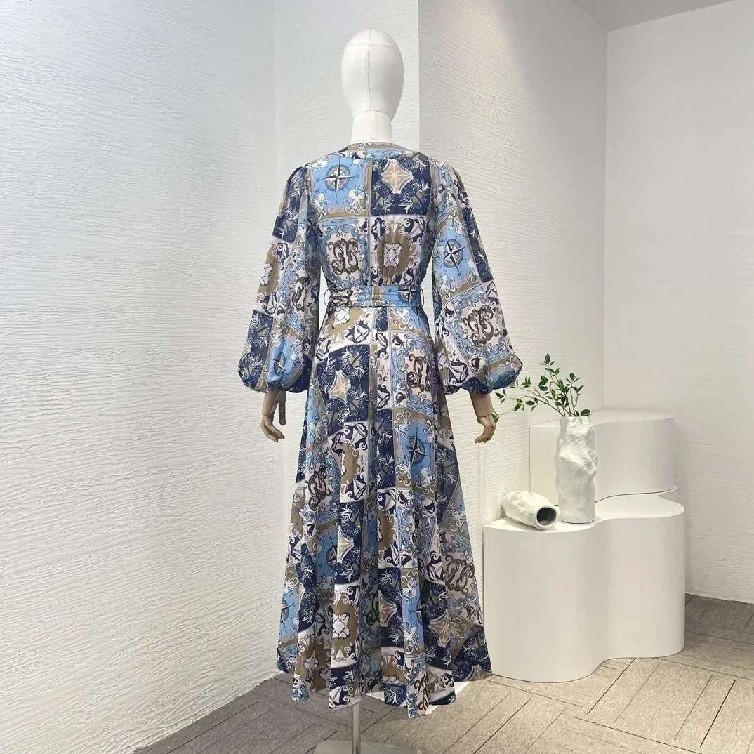 Pure Linen 2023 New High Quality Blue Geometric Printing Vintage Long Sleeve Belted Buttons Women Casual Mini Dress