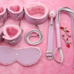 SM Pink Plush Binding Seven Piece Set, Alternative Toy Couple Fun Toy, Handcuffs, Whips, Bed Flirting Set