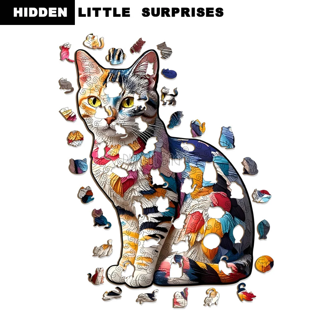 Wooden Irregular Rainbow Cat Puzzle High Difficulty Stress Relief Jigsaw DIY Handmade Assembly Toy for Adults HG103