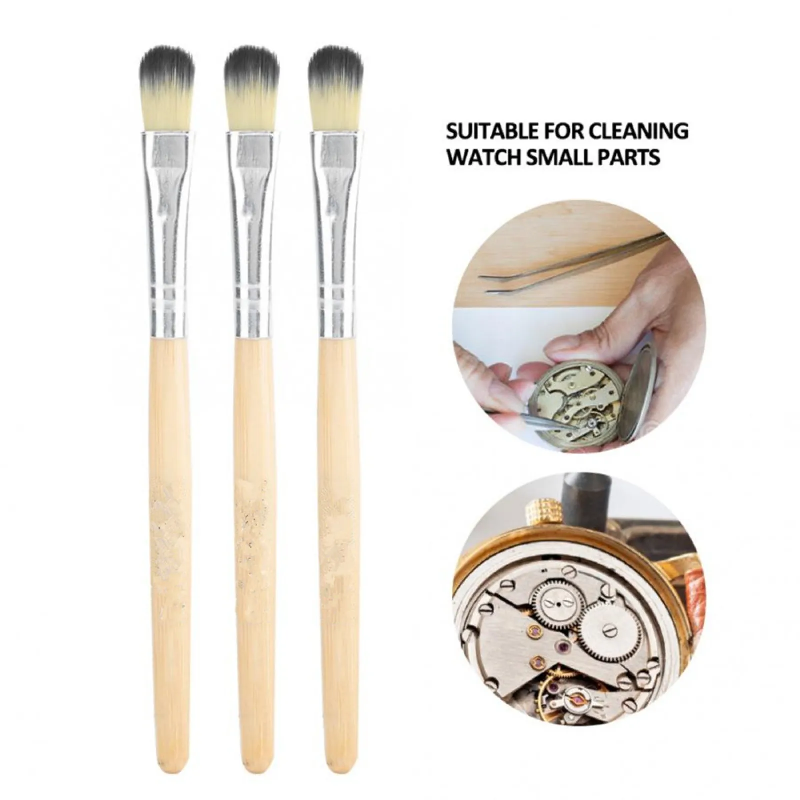 3PCS Watch Movement Watch Parts Craft Cleaning Brush Kit Wood Handle + Nylon Soft Hair Professional Watch Repair Tools
