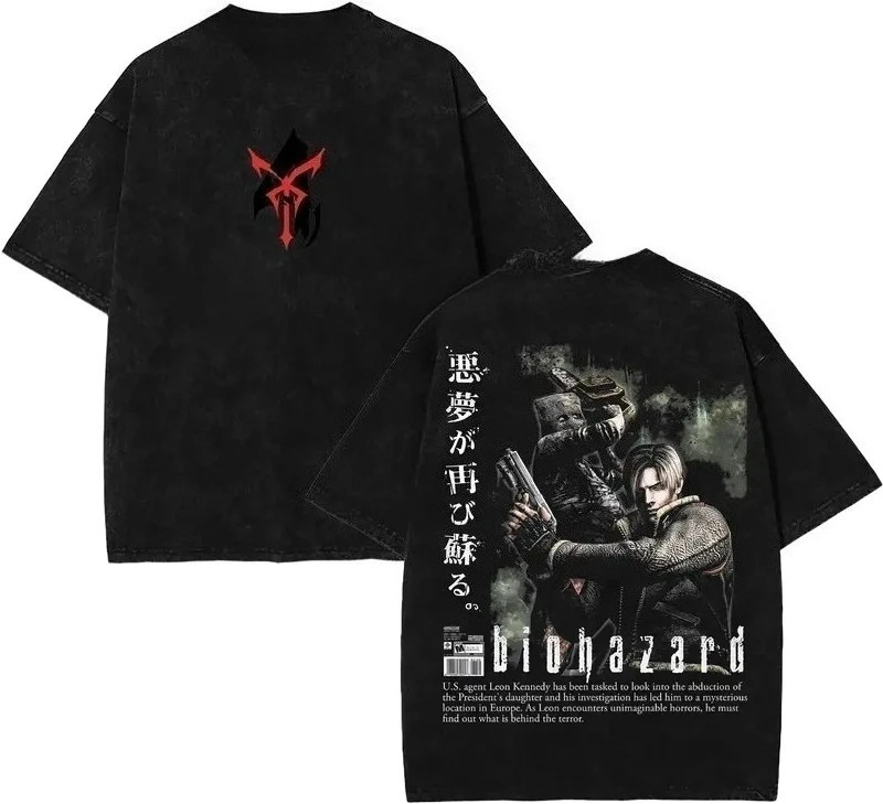 90s Pirated Style Biohazard 4 Pattern Streetwear T-shirt Printed Pattern Unisex Short Sleeved Shirt