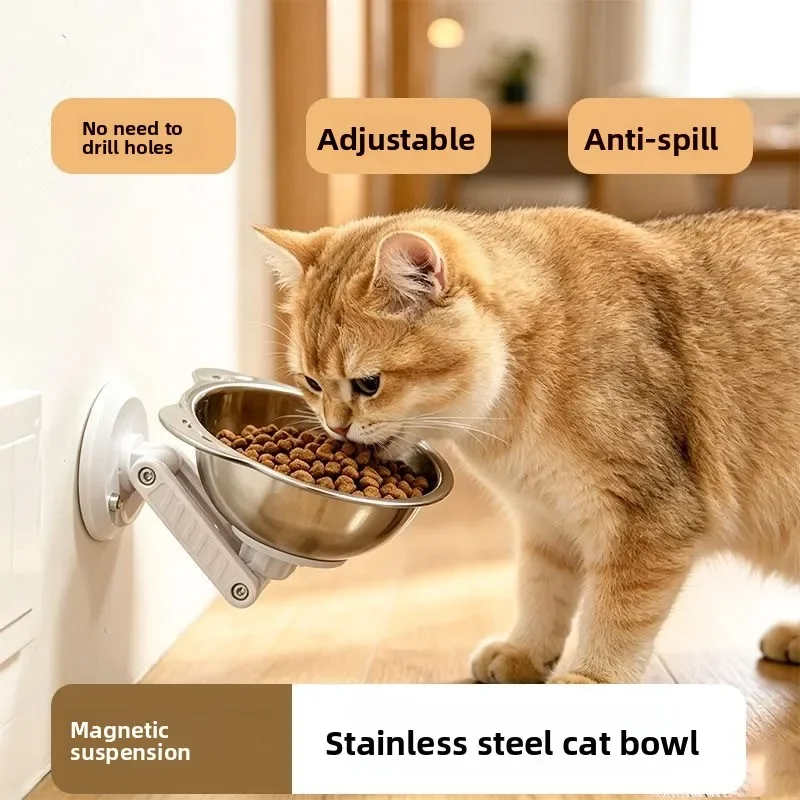 Magnetic Stainless Steel Cat Bowl Neck Protection Without Punching and Pasting Adjustable Dog Bowl Wall-mounted Dog Bowl