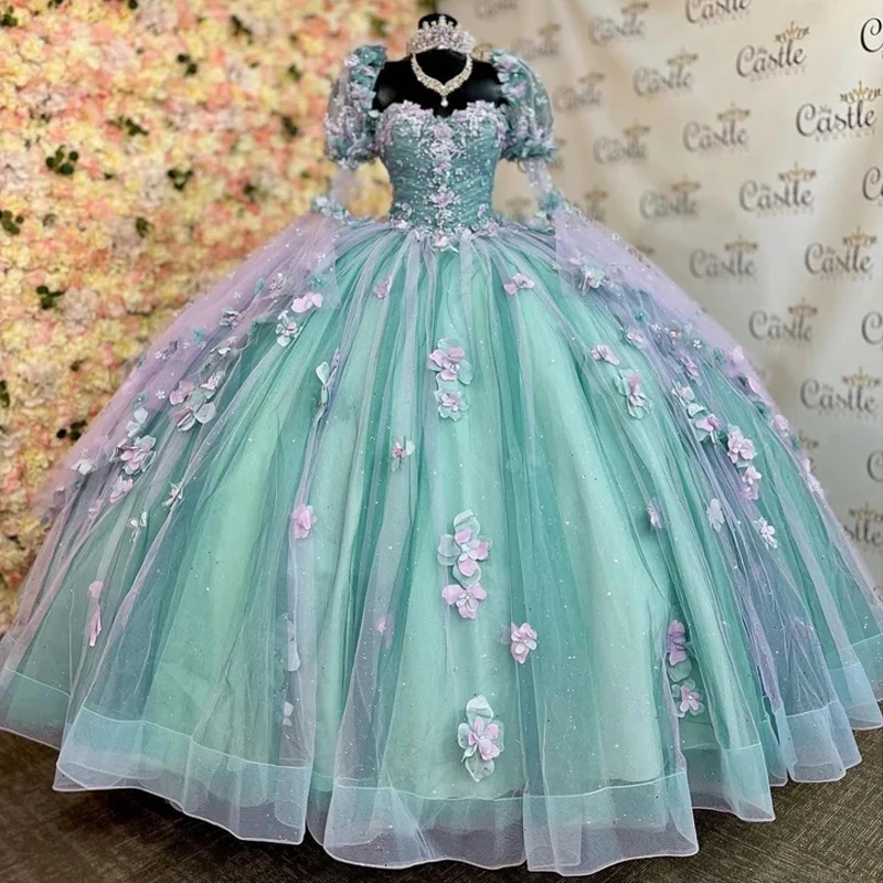 

Light Green Girl Flower Quinceanera Dresses Sweetheart Glitter Tulle Appliques 3D Flower Ball Gown Pageant Birthday Party Gown