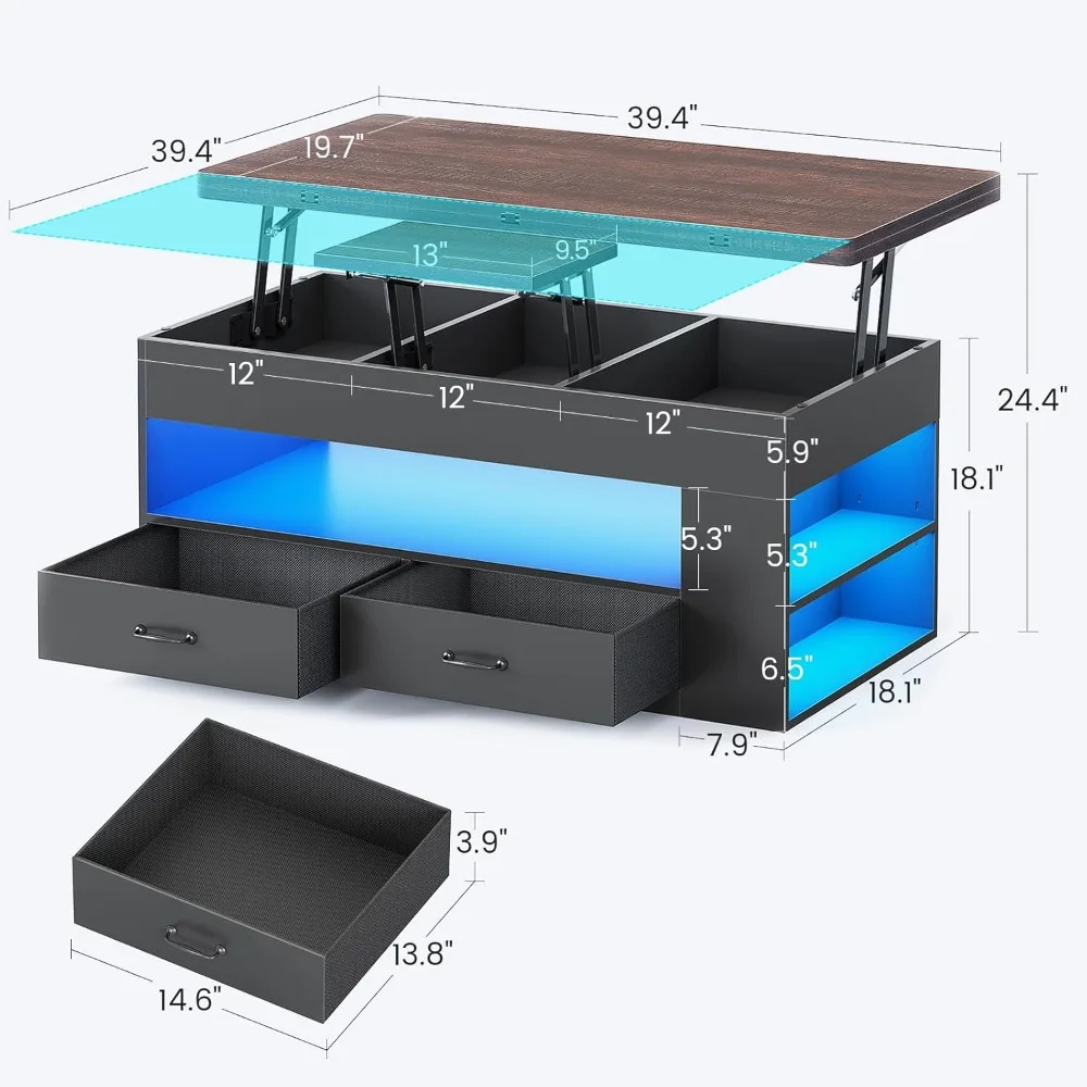 طاولة قهوة قابلة للرفع، وطاولة قهوة 4 في 1 مع مساحة تخزين ومقصورات مخفية، وطاولة قهوة للمزرعة مع درجين من القماش #3