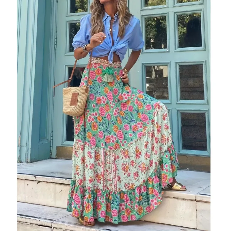 Ladies\' Vacation Style Printed Skirt Long Skirt Summer Autumn New 2024 Oversized High Waisted Lace Up Elegant Ladies\' Skirt