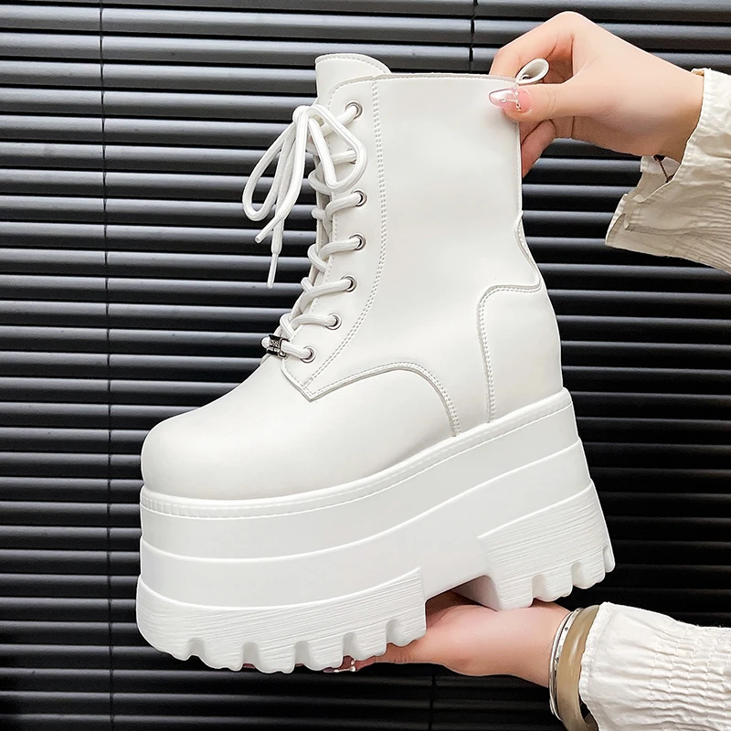 New Height Increasing Women's High Boots Black Leather Thick Bottom Platform Shoes Side Zip Gothic Punk Short Boots Street Style