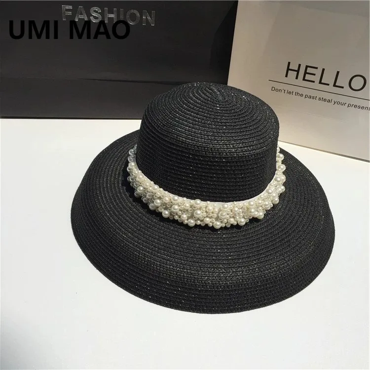 

UMI MAO Летняя женская соломенная шляпа в стиле Хепберн с широкими полями и жемчугом, пляжная шляпа от солнца, черная шляпа с широкими полями, закрывающая лицо