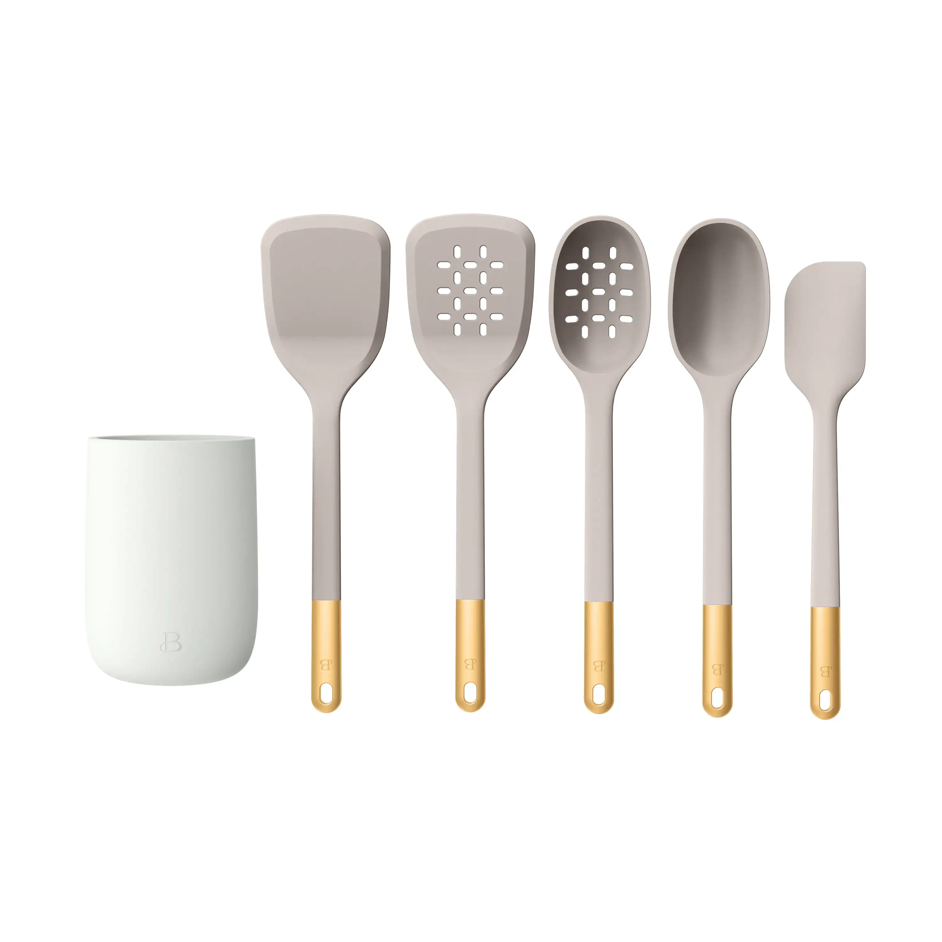 6-piece silicone kitchen tool set with ceramic crock in porcini taupe color