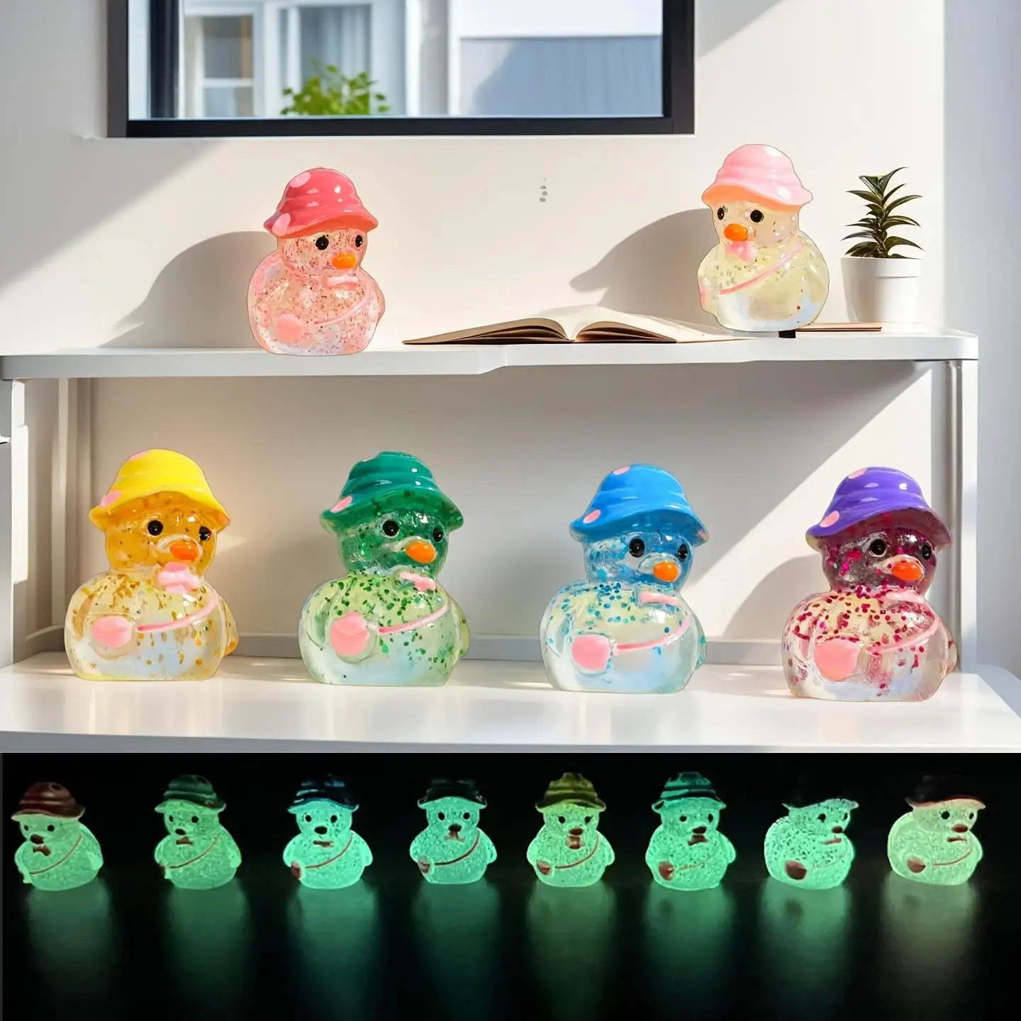 20 im Dunkeln leuchtende Enten-Dekofiguren – fächerförmige Miniaturfiguren aus Kunstharz, sanfte Farben, einzigartige Dekoration für Zuhause und Feiertage