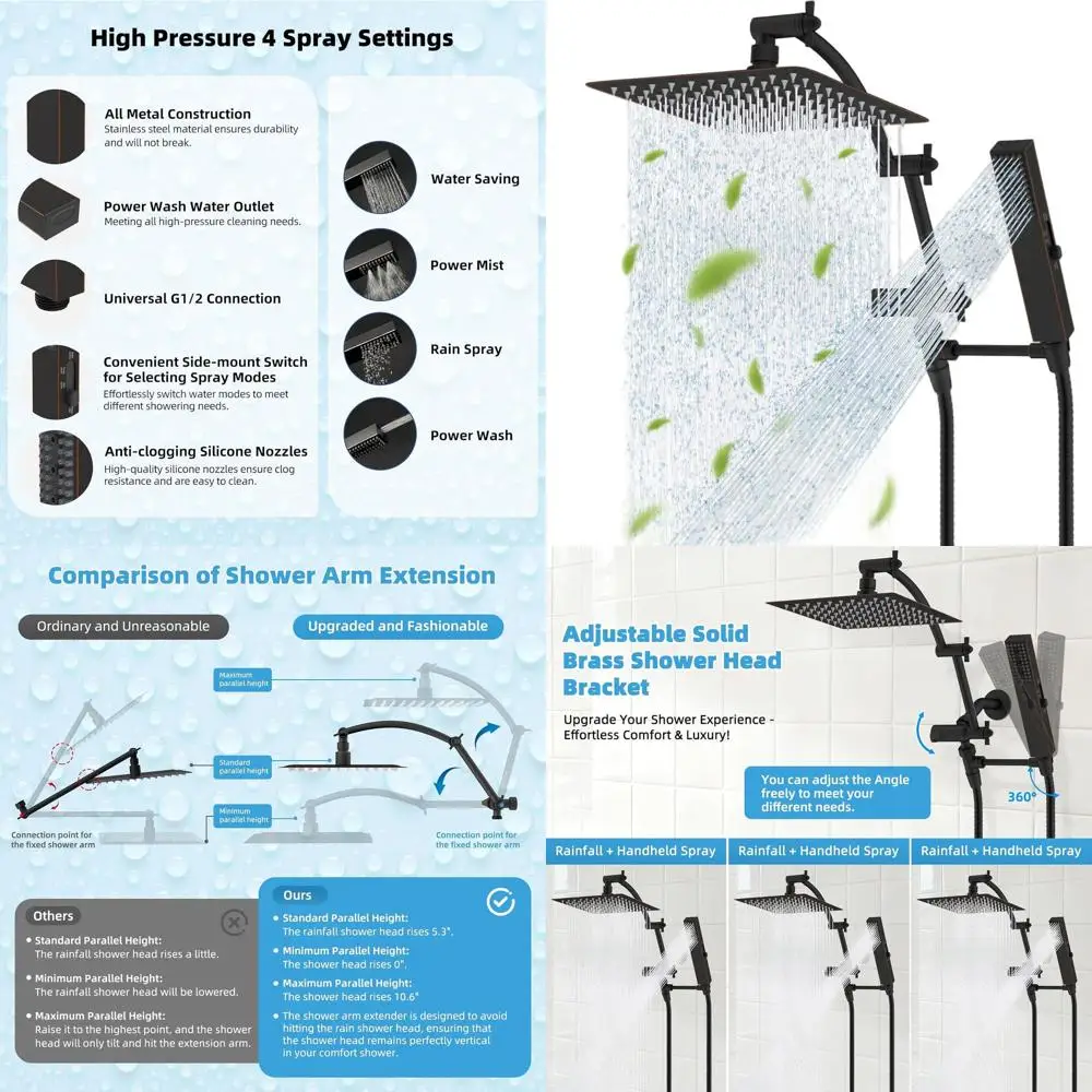 10 Rain Shower with Dual Combo, 4-Spray Handheld, 16 Extension Arm, 71 Hose, Oil-Rubbed Bronze Finish