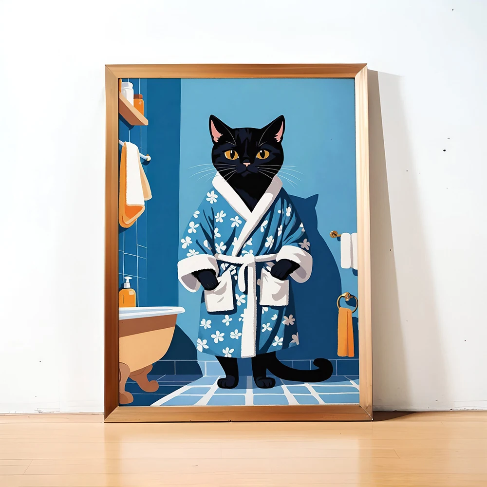 Whimsical Black Cat in Bathrobe Poster Blue Bathroom Wall Art Pictures Feline Print Unique Home Decor for Cat Lovers Painting