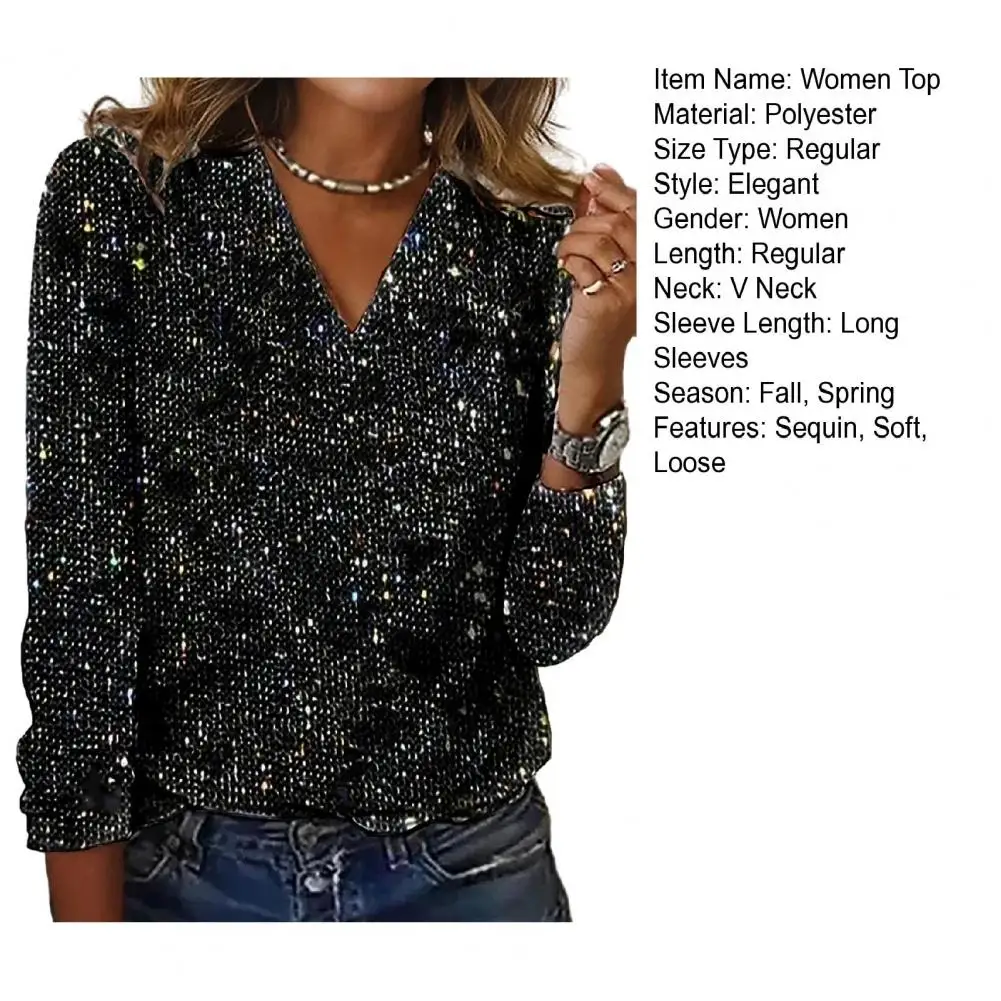 Women Top Shiny Sequin V Neck Long Sleeve Loose Pullover Breathable Commute Club Party Lady Blouse Shirt Female Layering Tees