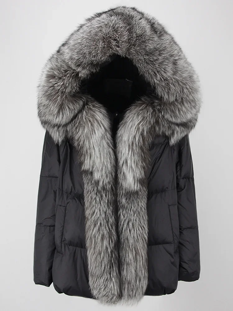 المرأة الجديدة الشتاء معطف فرو الثعلب الحقيقي الياقة الطبيعية سميكة الدافئة مقنعين بطة أسفل سترة فاخرة أبلى الإناث فضفاضة
