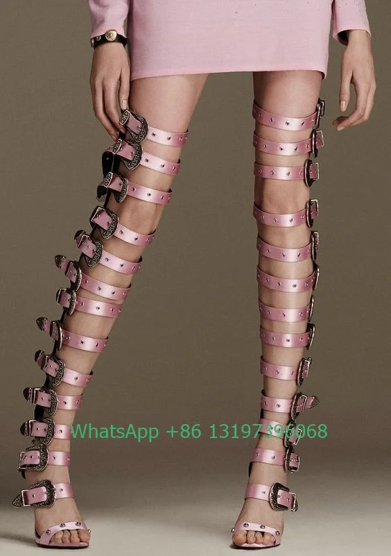 Lady metal pink buckle design T show sandals&boots sexy hollow thigh summer boots dress party unique luxury shoes footwear size