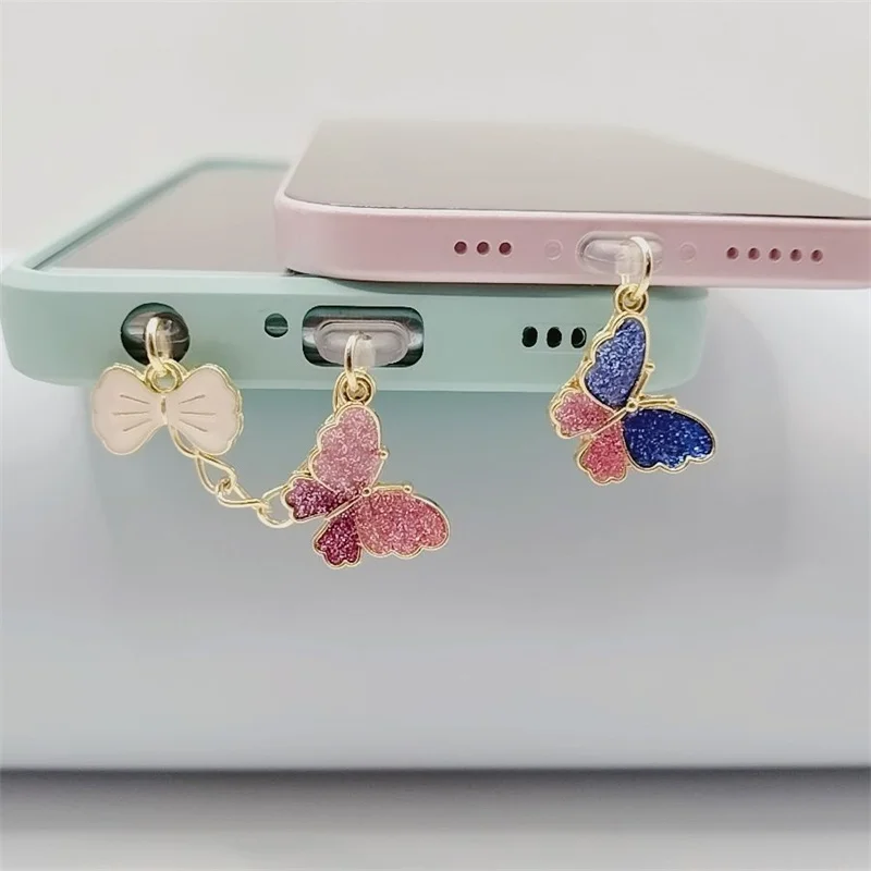 Color Block Butterfly Dust Plug Couple Fashion Charge Port Plug For iPhone Type C Dust Protection Cap Stopper Phone Accessories