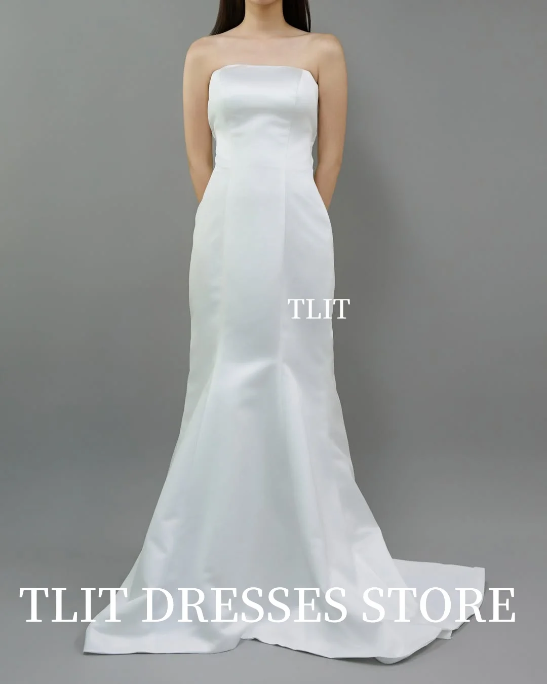 TLIT シンプルなホワイトサテンのウェディングドレス ストラップレス ロングショール ブライダルドレス 韓国のウェディングドレス 写真撮影 カスタマイズ 웨딩드레