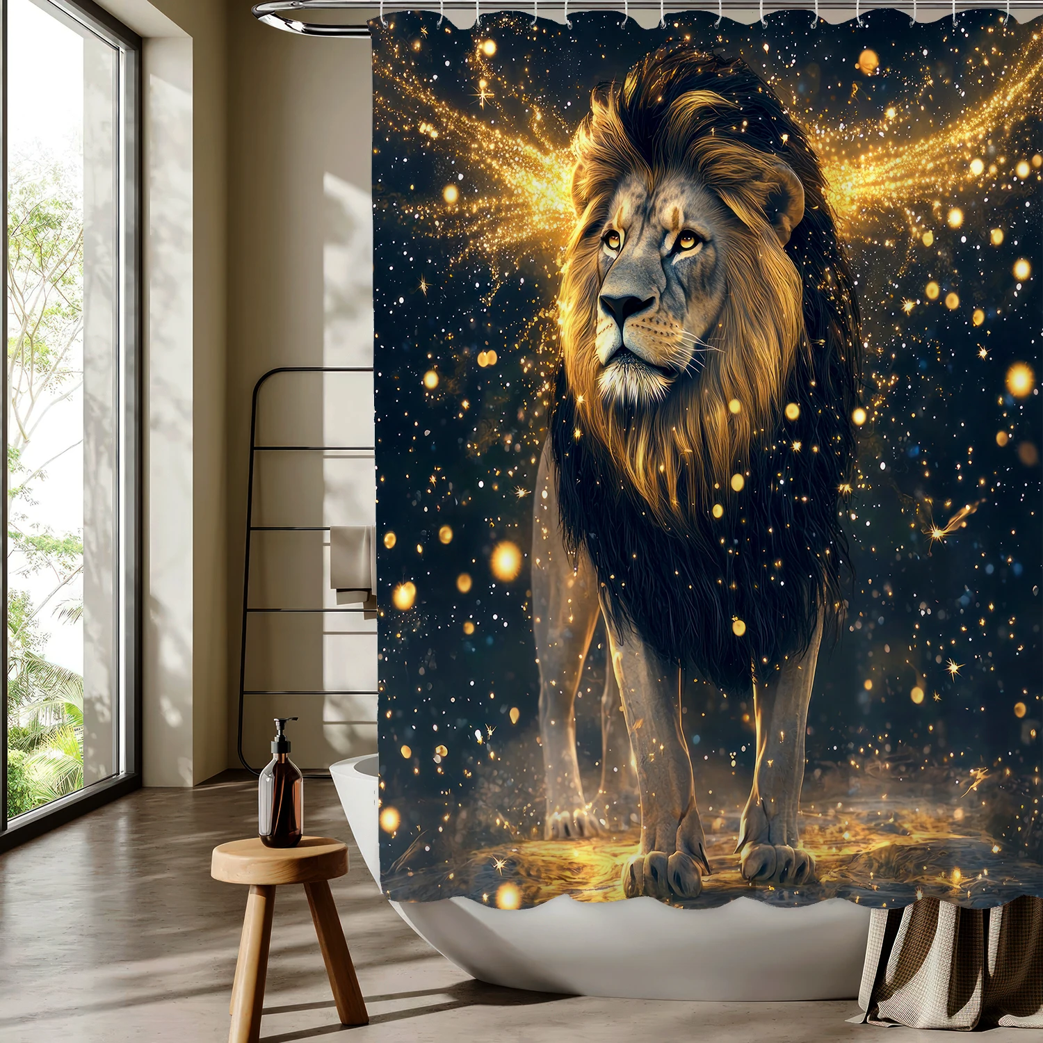 Lion motif digital print shower curtain