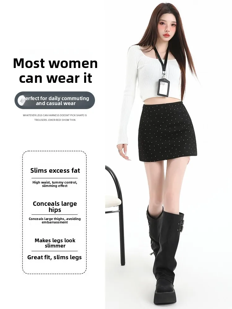 Retro Polka Dot Suede  Skirt Women's Autumn Winter Sweet Cool Short Skirt High Waist A-Line Wrap Body Beautiful Commute