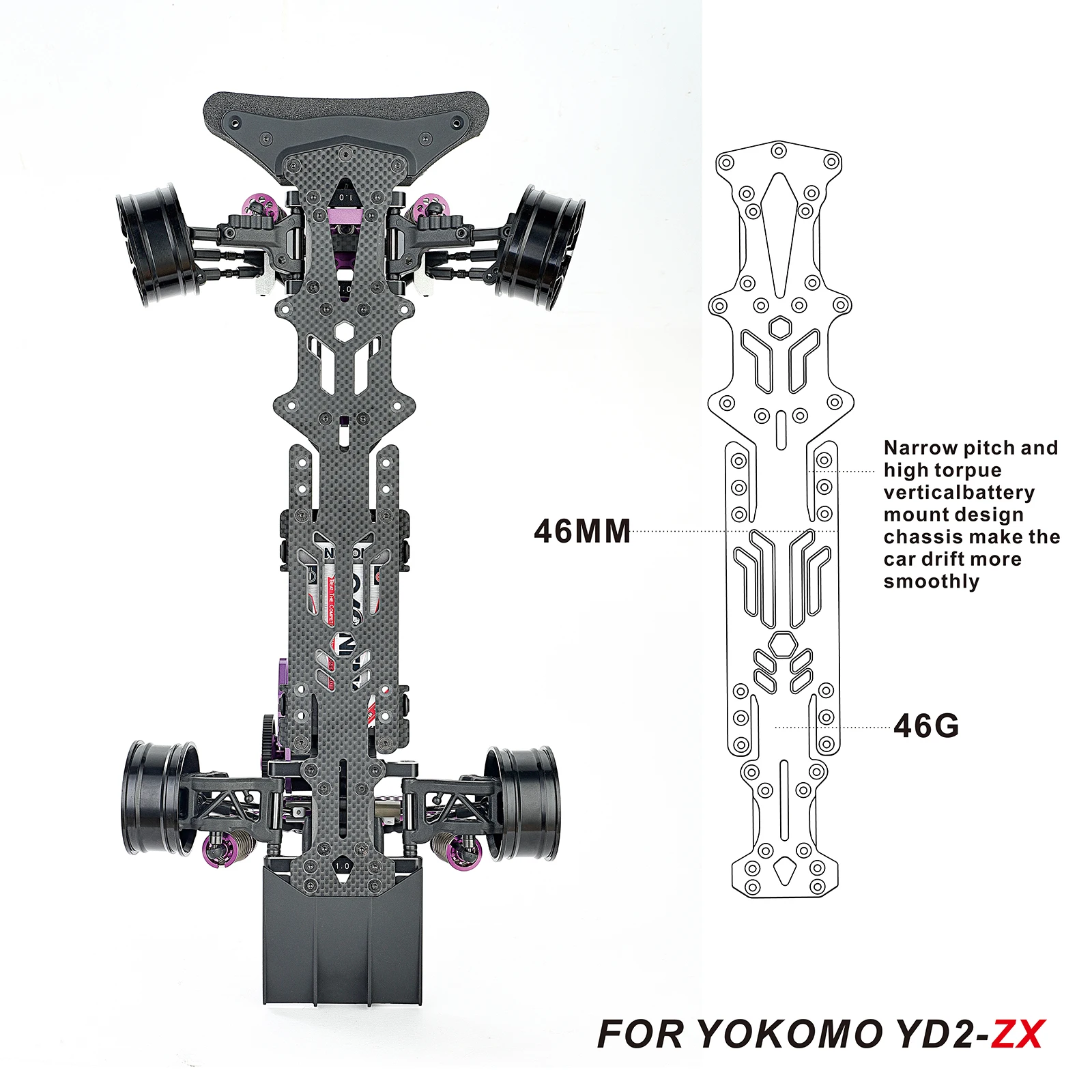 Narrow Vertical High Traction Carbon Fiber Chassis and Battery Holder for YOKOMO YD2-ZX 1:10 Drift Car