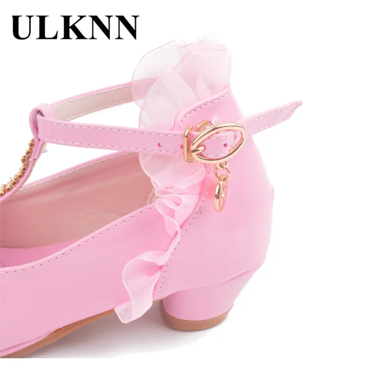 ULKNN Children Party Leather Shoes Girls PU Low Heel Lace Flower Kids Shoes For Girls Single Shoes Dance Dress shoe White Pink