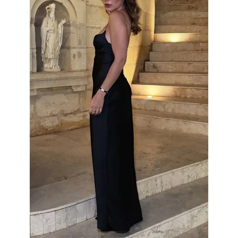 Women's Retro Black Satin Maxi Dress with Thin Suspender New Summer Fashion Romantic Party Holiday Dress