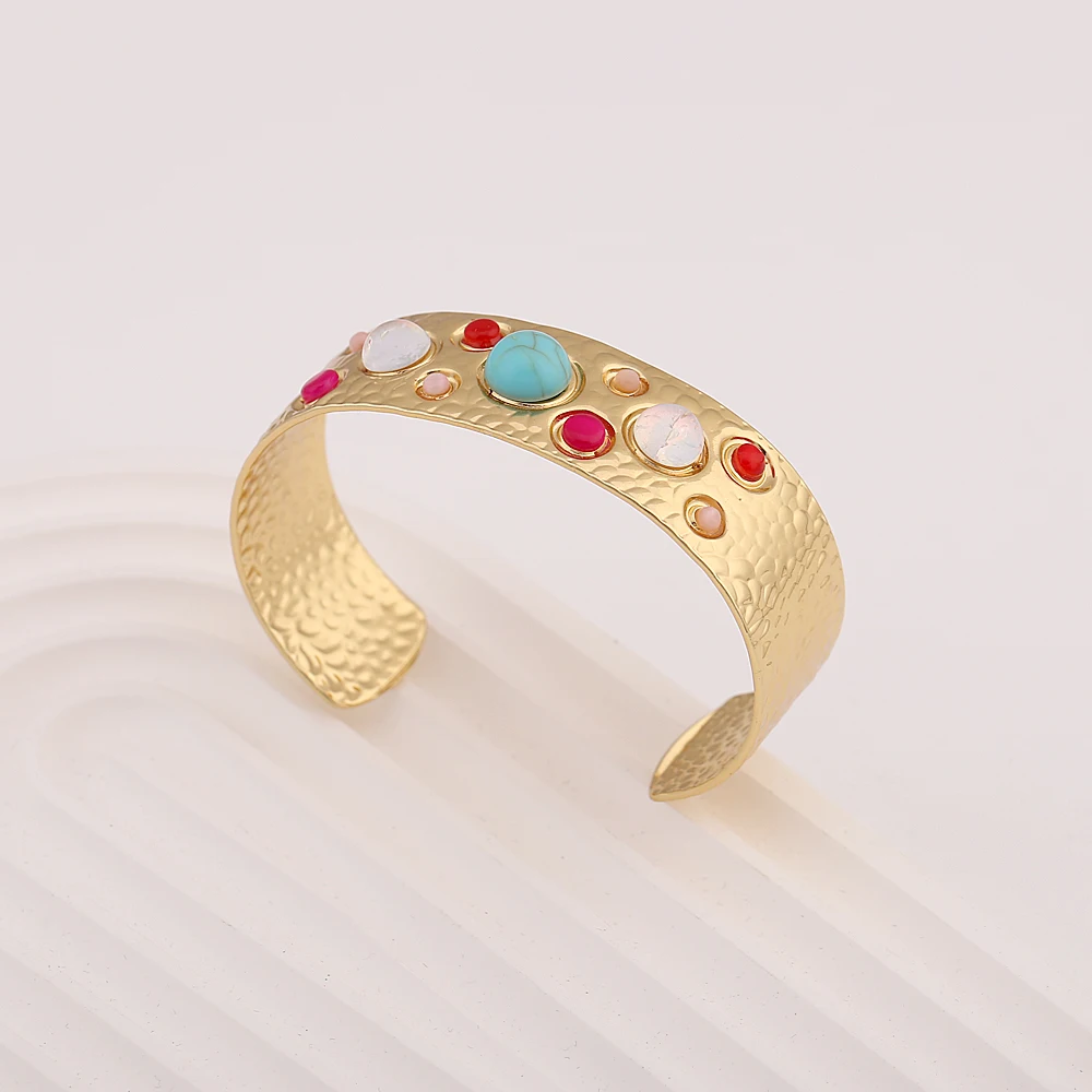 French Vintage Titanium Steel Bangle Colorful Gemstone Inlay Stainless Open Bracelet Elegant Fashion Jewelry Women Gift Party