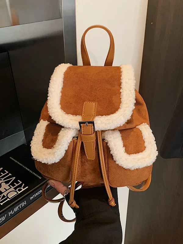 

Retro Small Lamb Fur Spliced Color Block Handbag Shoulder Bag for Women Autumn Winter New Style Double Layered No Back Cushion