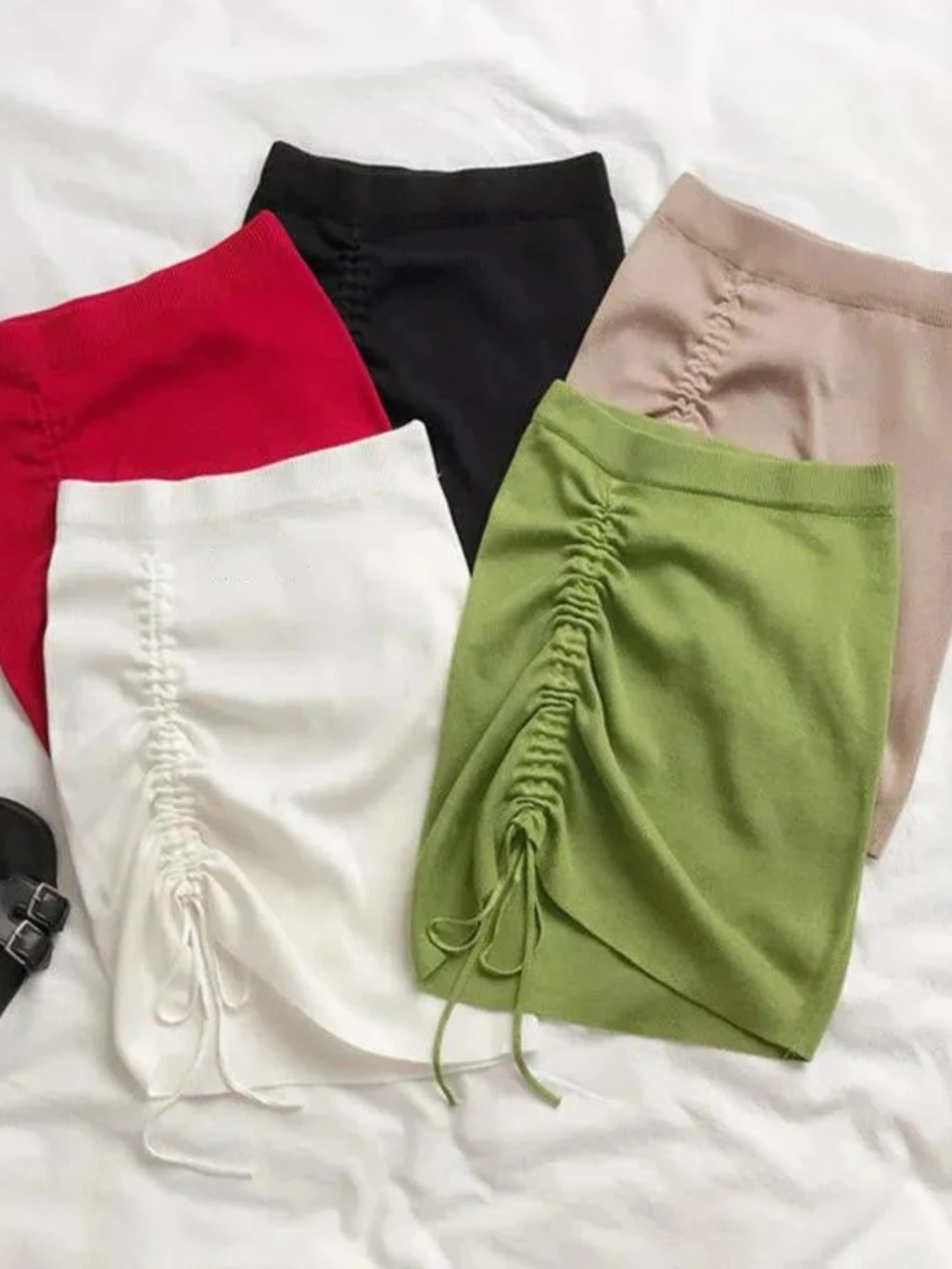 White High Waist Stretch Side Drawstring Skirt Women Club Slim knitted Short Skirt Sexy