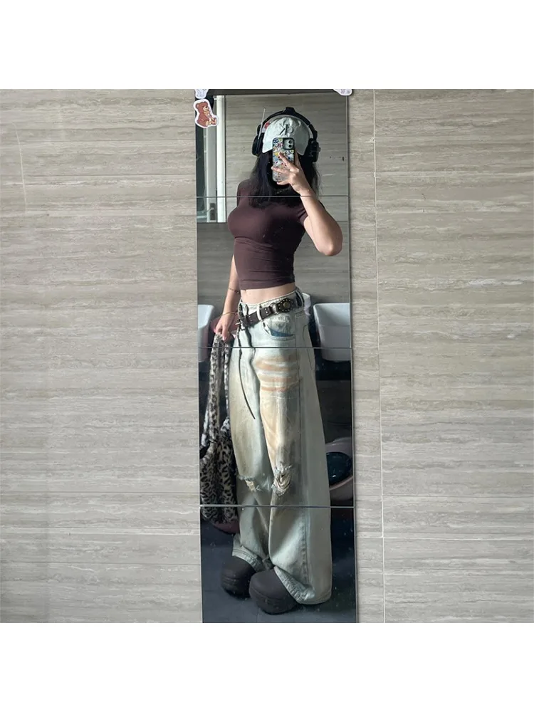 Pantaloni in denim da donna Y2K Distress Eclectic Dritto Grunge Street Jeans retrò a vita alta Pantaloni Emo vintage lavati casual anni 2000