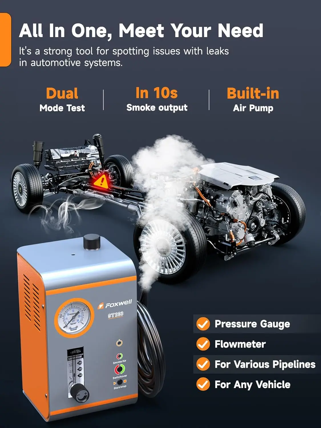 FOXWELL ST203 آلة الدخان كاشف تسرب السيارات مع المدمج في مضخة هواء الأنابيب تسرب محدد كاشف تسرب الغاز الضباب الدخاني