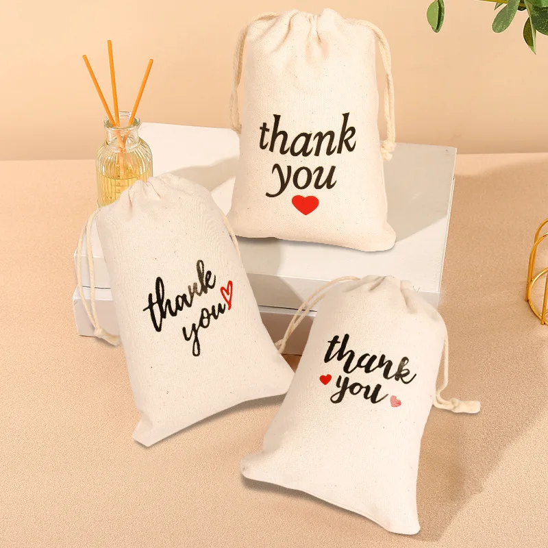 

50pcs/lot White Canvas Bags 10*15cm Drawstring Gift Pouches Thank You Printed Packaging Bag For Gift And Party Decoration