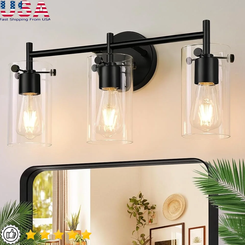 

3-Light Matte Black Bathroom Vanity Light Fixtures Clear Glass Shades E26 Base Easy Installation Reversible Mounting Home Use