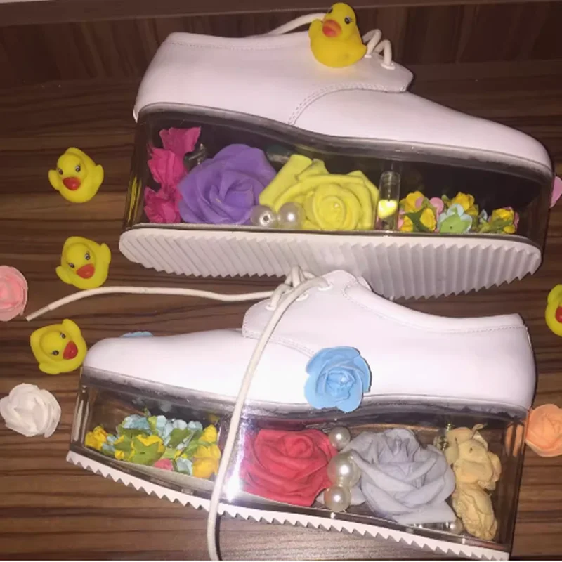 

Transparent Thick Platform Buttom Women Shoes White Leather Lace Up Casual Female Outside Dress Shoes