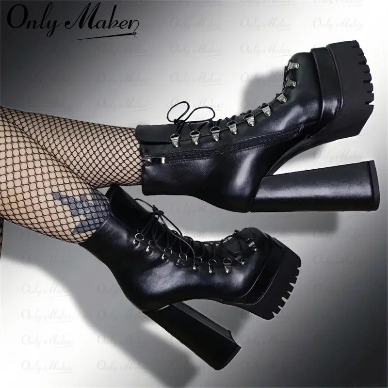 Onlymaker Double Platform Punk Boots Side Zipper Lace-up Fashion Matte Ankle Boots