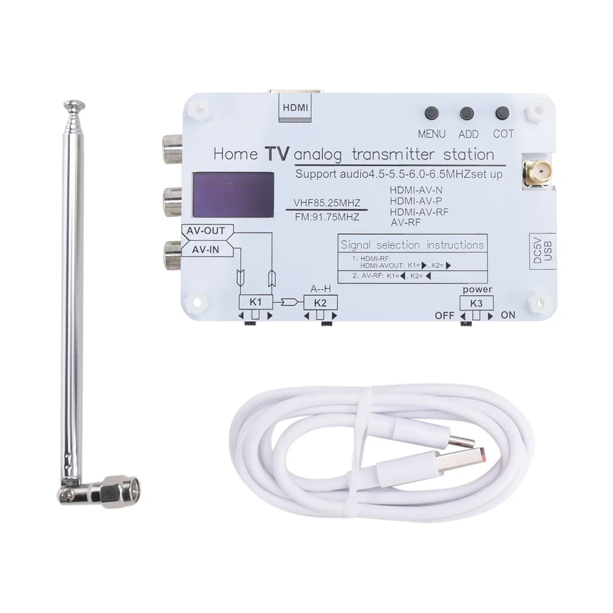 

White Analog TV Signal Transmitter with OLED Display | Home TV Transmitter for Global TVs