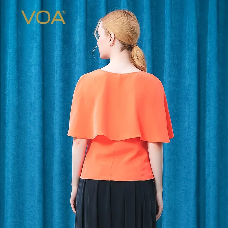 (Clearance Sale) VOA Heavyweight Silk O-neck Short Sleeve Yellow Heart Orange Fold Back Shawl Loose Casual T-shirt Women BE568