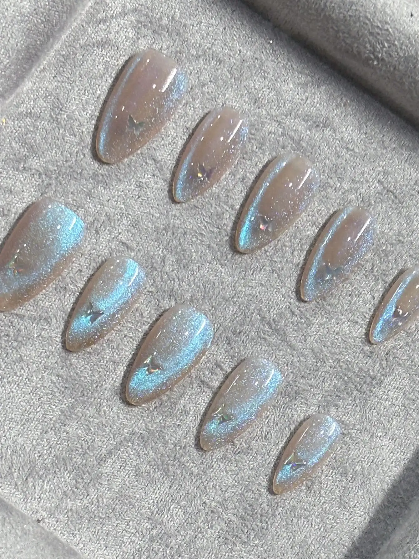 순수 수제 아몬드 모양 손톱 10개, 푸른 고양이 눈 반짝반짝 빛나는 나비 스팽글, 푸른 눈물, 적합한 f