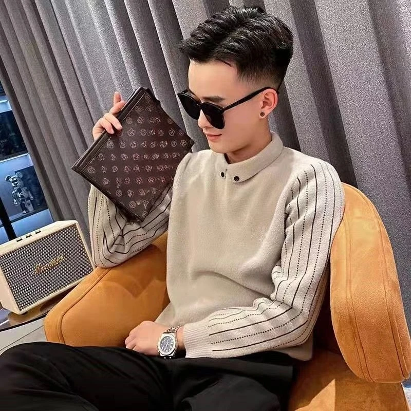 New Men's Fake Two-Piece Polo Collar Sweater Striped Long Sleeve Knit Base Layer Fall Winter