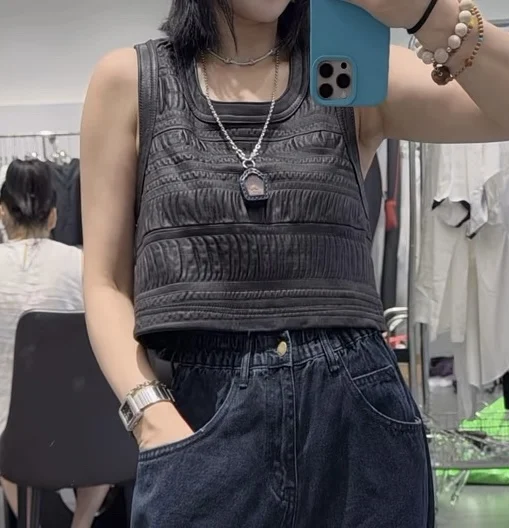 

2025 Новый женский жилет из натуральной овчины ort Svel для похудения ort Sle Faionable And Sli Commute Sle Leather J...